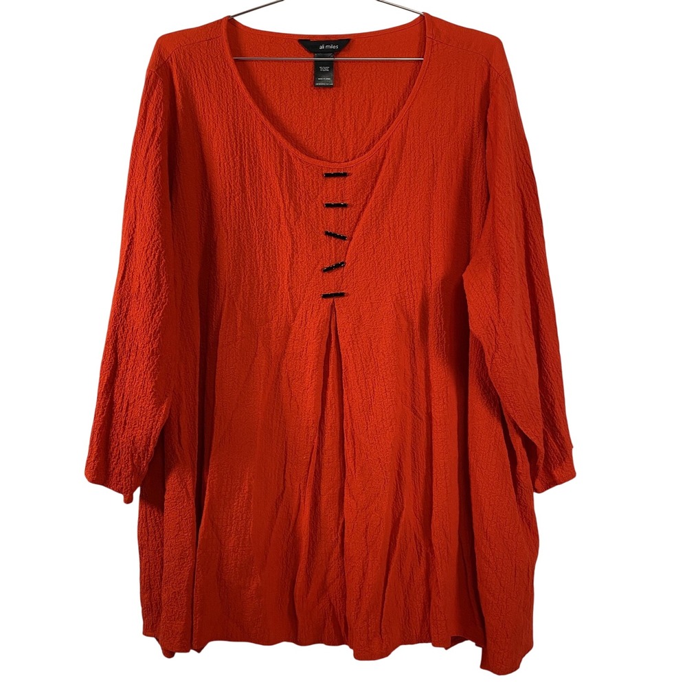 Ali Miles Tunic Shirt Womens 1X Red Crinkle‎ Textured Scoop Neck Long Sleeve